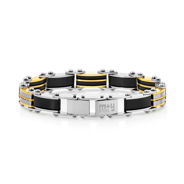 M+y Steel Fancy Gold Plated Bar Black Link Bracelet Angus Coote