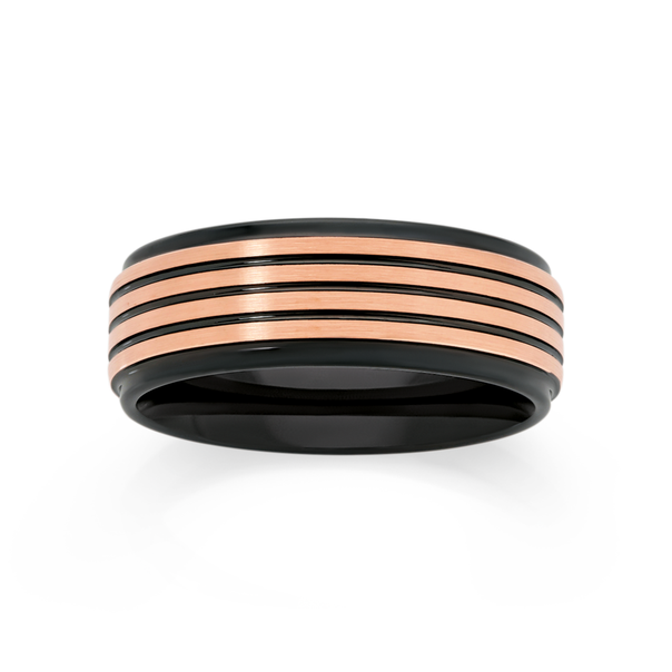M+Y Tungsten Carbide Black & Rose Gold Plate Lines Ring
