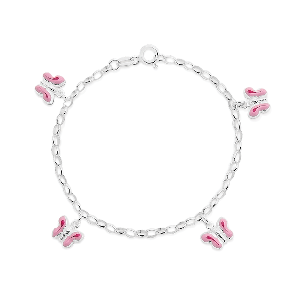 Silver 16cm Belcher With Pink Butterflies Bracelet