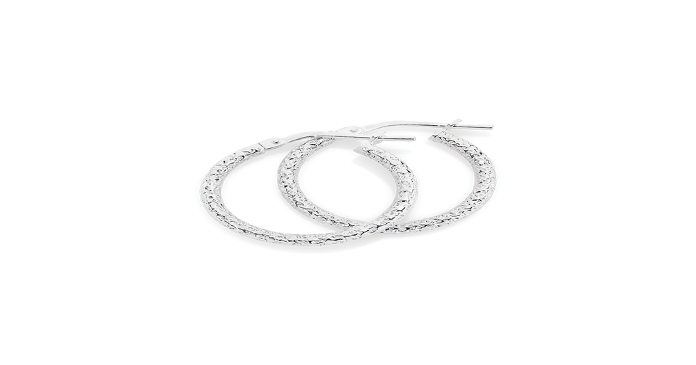 Silver 2x15mm Textured Hoop Earrings Angus & Coote