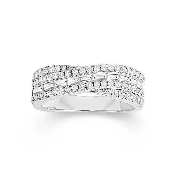Silver Baguette CZ Crossover Dress Ring