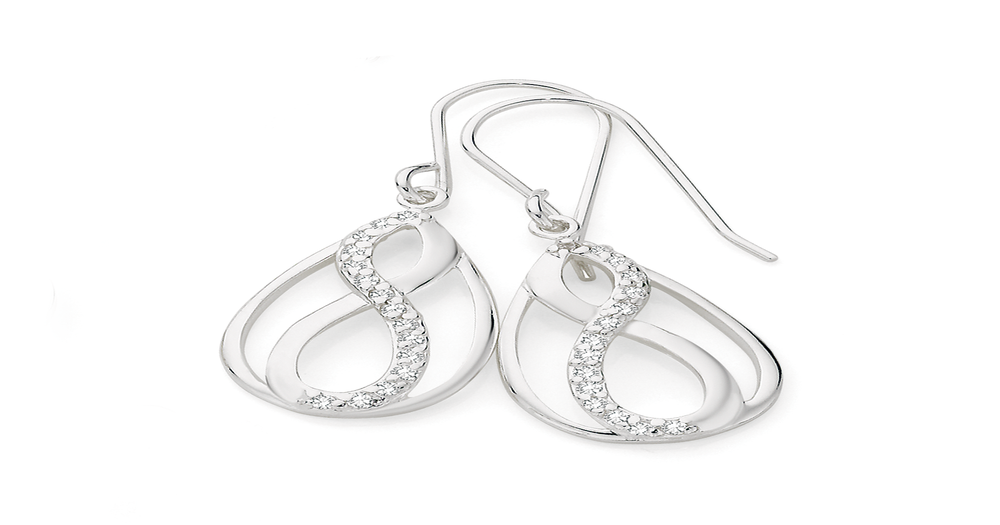 Silver Cubic Zirconia Infinity Drop Earrings in White Angus & Coote
