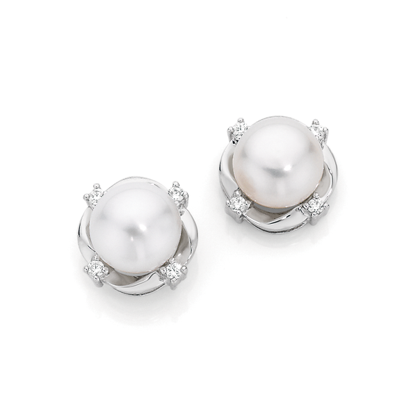 Silver Cultured Fresh Water Pearl CZ Fancy Stud Earrings