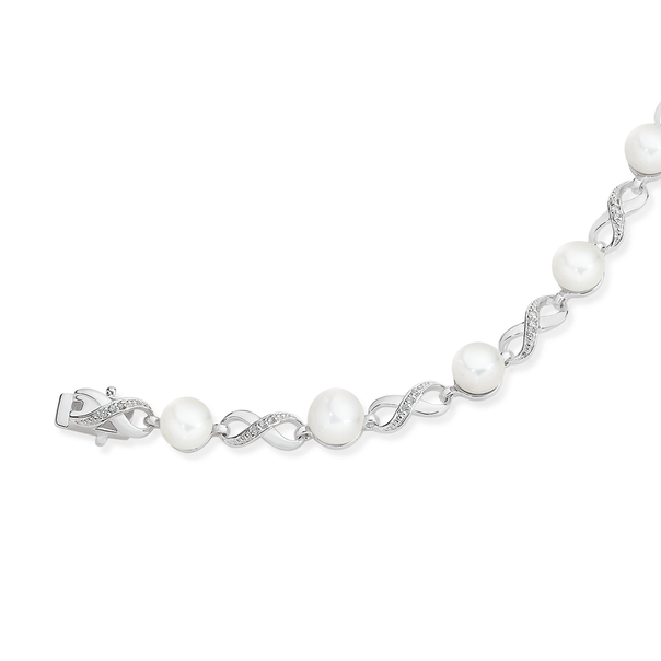 Silver Cultured Freshwater Pearl & CZ Infinity Bracelet