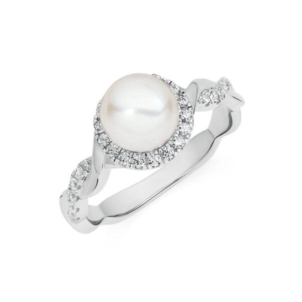Silver Cultured Freshwater Pearl & CZ Twist Band Ring