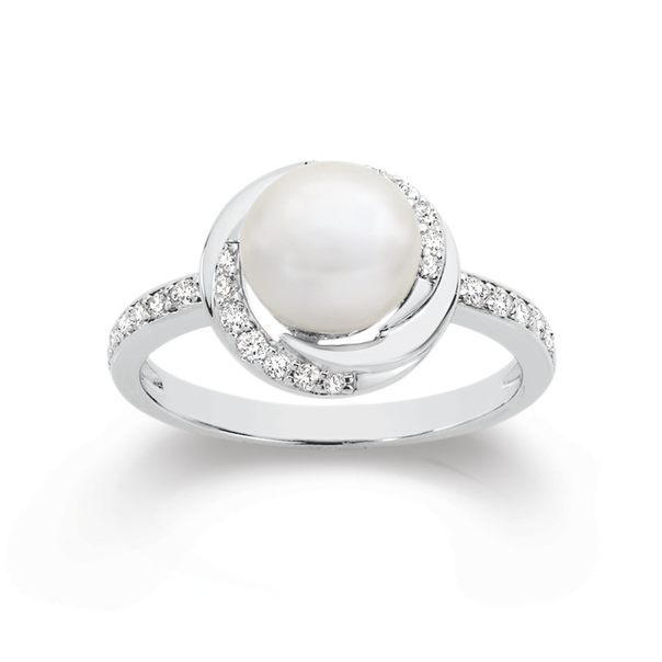 Silver Cultured Freshwater Pearl & CZ Twist Ring