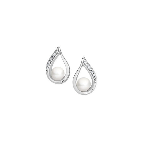 Silver & Cultured Freshwater Pearl With CZ Earrings