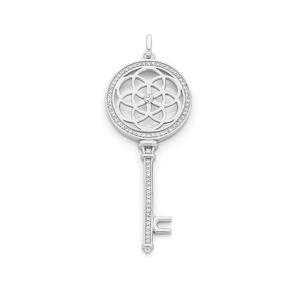 Silver CZ Flower In Circle Frame Key Pendant