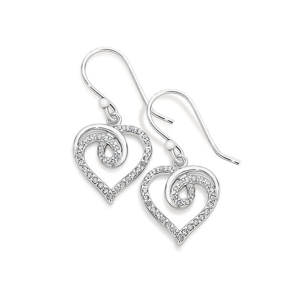 Silver CZ Hoop Heart Drop Earrings