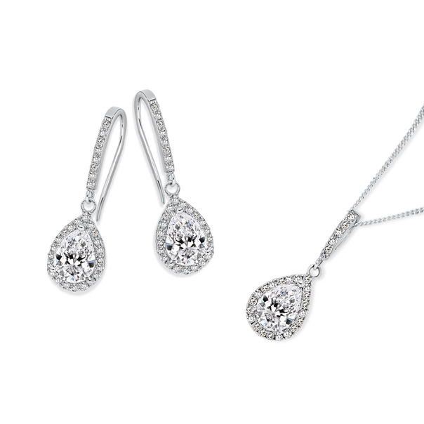Silver CZ Pear Cluster Drop Earrings & Pendant Set