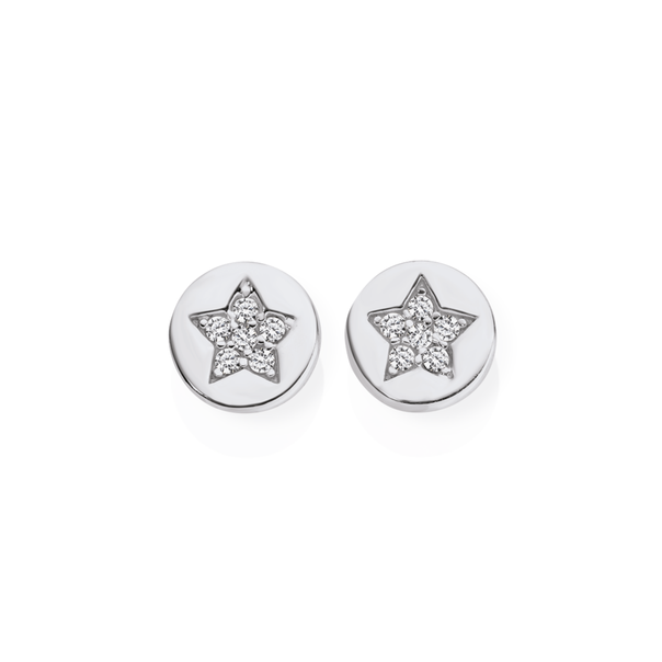 Silver CZ Round Star Stud Earrings