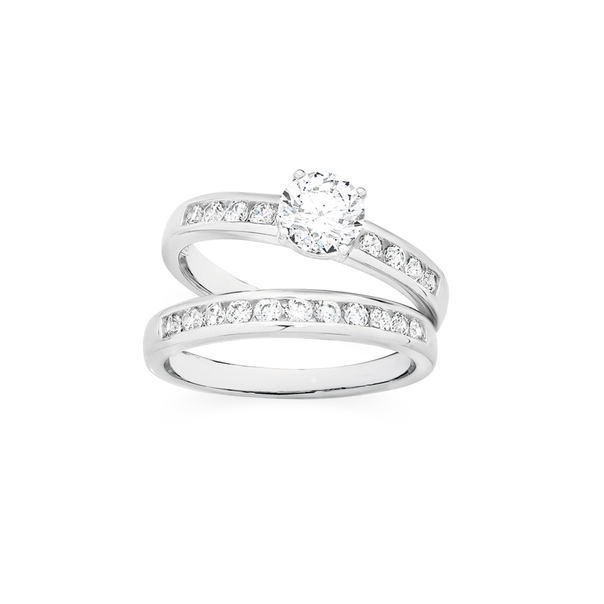 Silver CZ Solitaire & Channel Ring Set