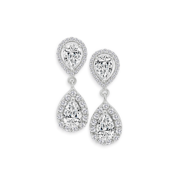 Silver Double Pear CZ Cluster Drop Earrings