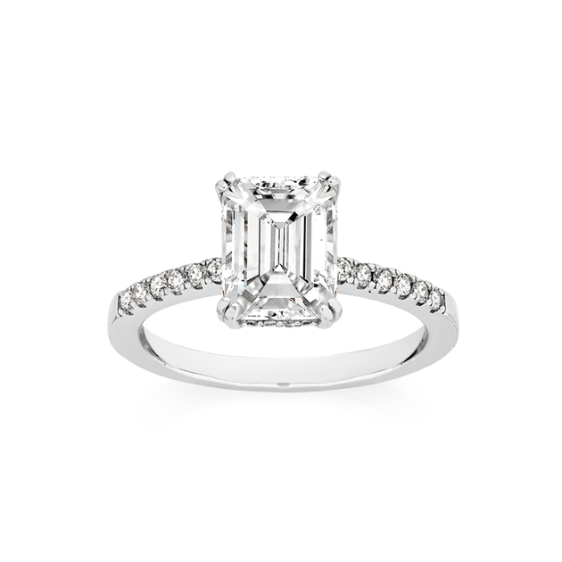 Silver Emerald Cut Cz On Cz Band Ring Size O in White | Angus & Coote