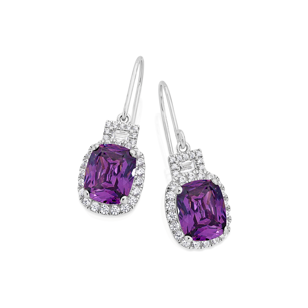 Silver Emerald-cut Violet Cz Fancy Drop Earrings in Purple | Angus & Coote
