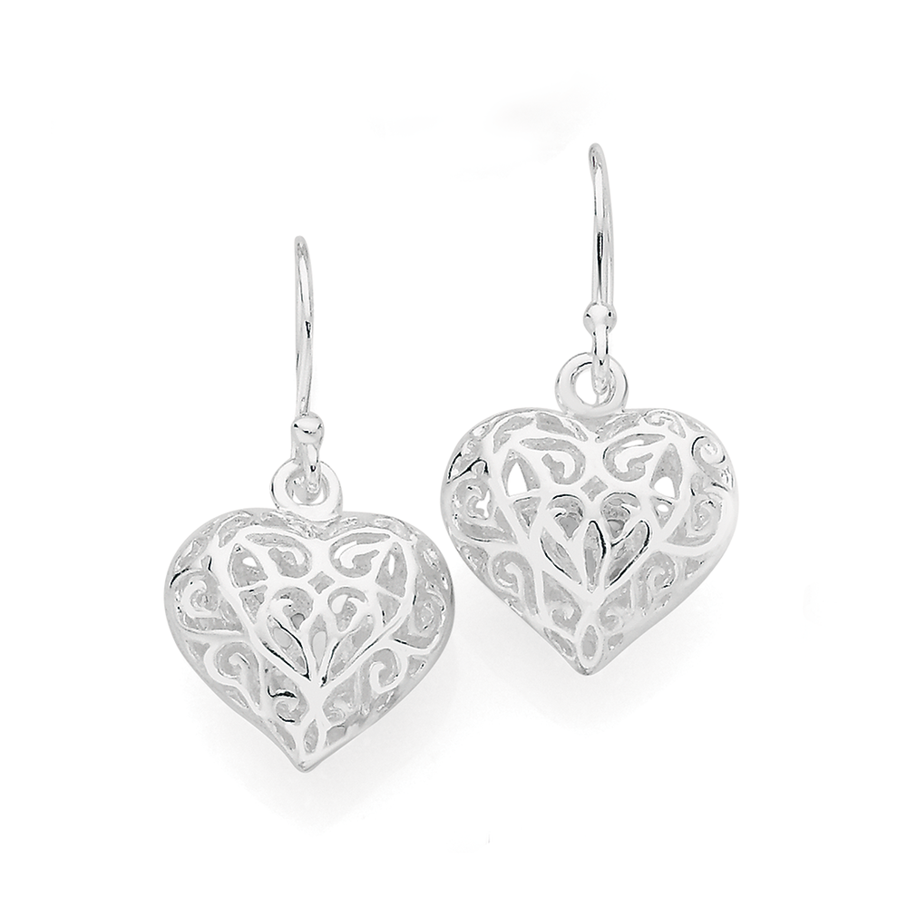Silver Filigree Heart Drop Earrings 