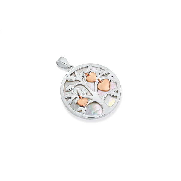Silver Mother Of Pearl Tree Of Life With Rose Plate Hearts Pendant