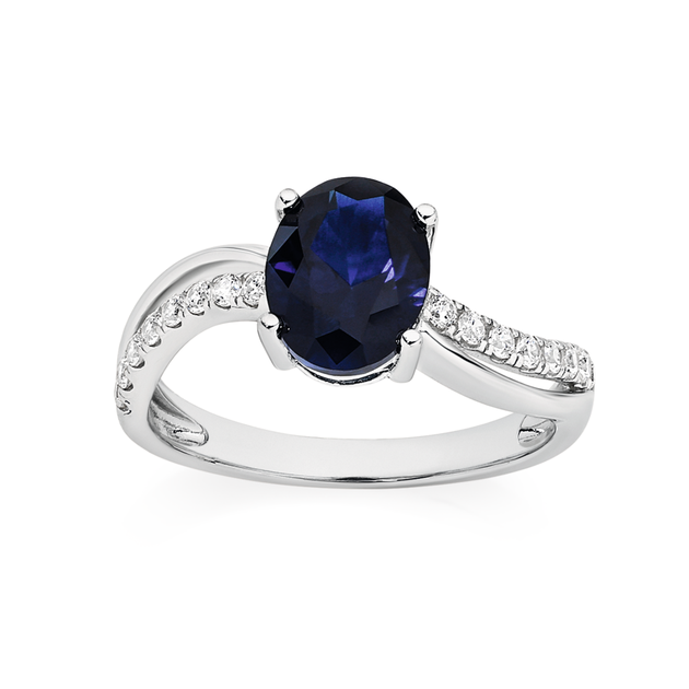 Silver Oval Created Sapphire & Cz Dress Ring in Blue | Angus & Coote