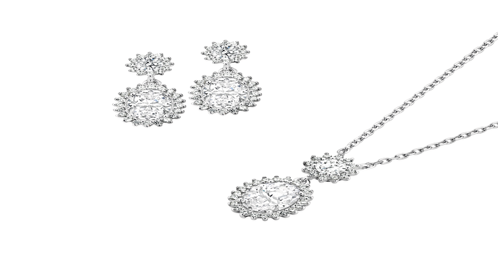 Silver Oval Cubic Zirconia Cluster Pendant And Earring Set Angus & Coote