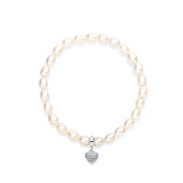Silver Pave CZ Heart Freshwater Pearl Bracelet