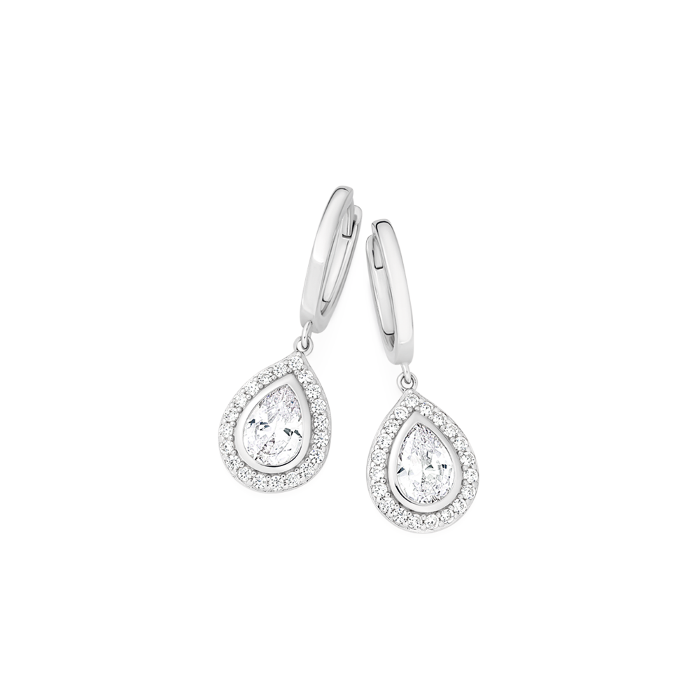 Silver Pear Cubic Zirconia Cluster On Hoop Earrings in White