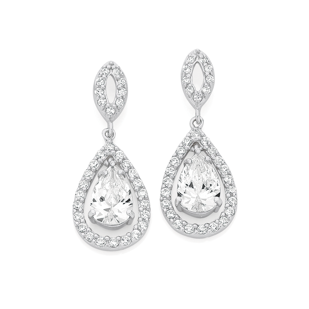 Silver Pear CZ Cluster On Open Marquise Earrings