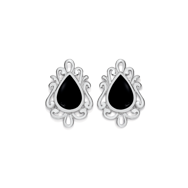 Silver Pear Natural Onyx Fancy Stud Earrings