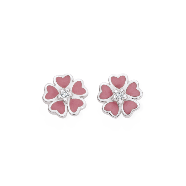Silver Pink Enamel & CZ Flower Stud Earrings