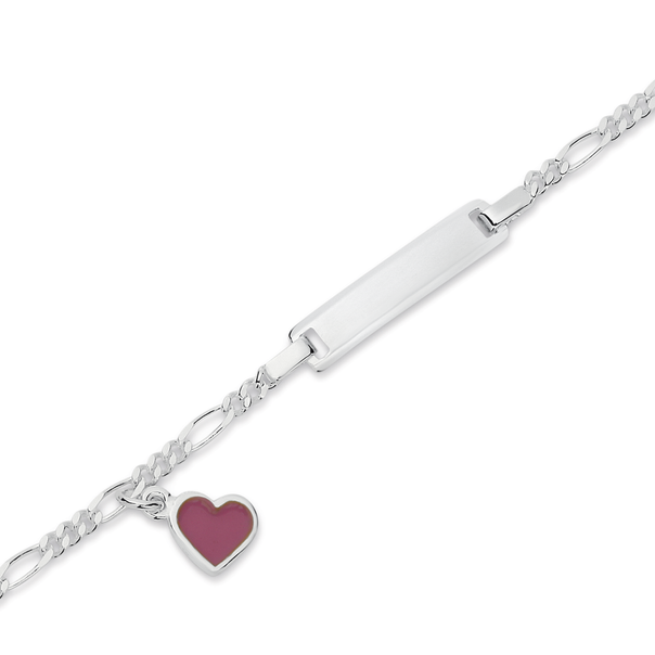 Silver Pink Enamel Heart Charm Id Bracelet