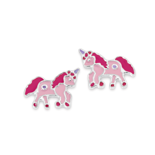 Silver Pink Enamel Unicorn Earrings
