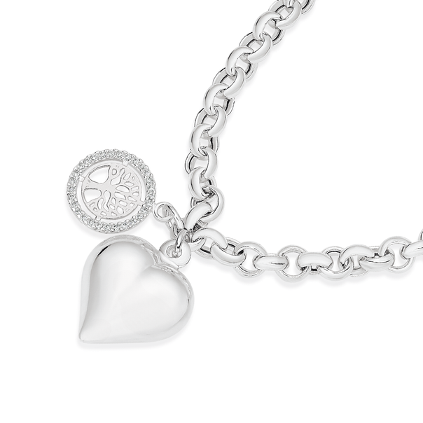 Silver Puff Heart With CZ Tree Of Life Bracelet
