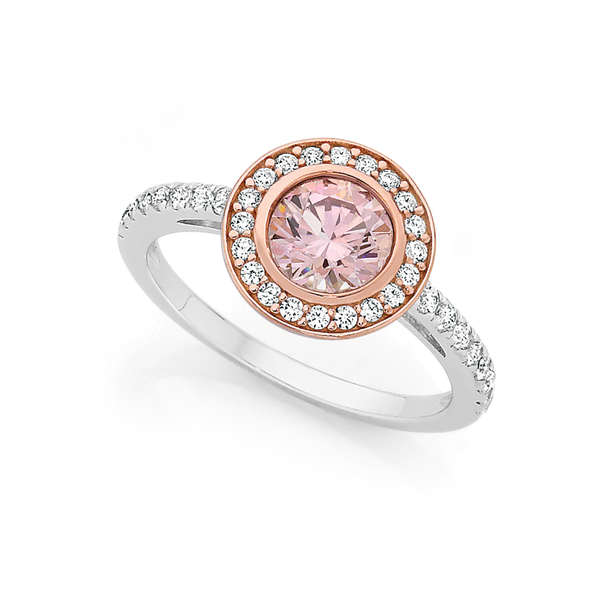 Silver & Rose Gold Plate Blush Pink CZ Bezel Cluster Ring