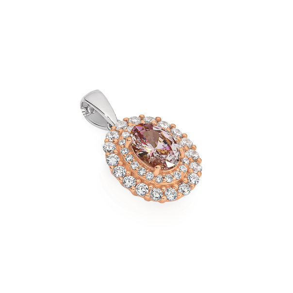 Silver & Rose Plated Blush Pink CZ Halo Oval Pendant