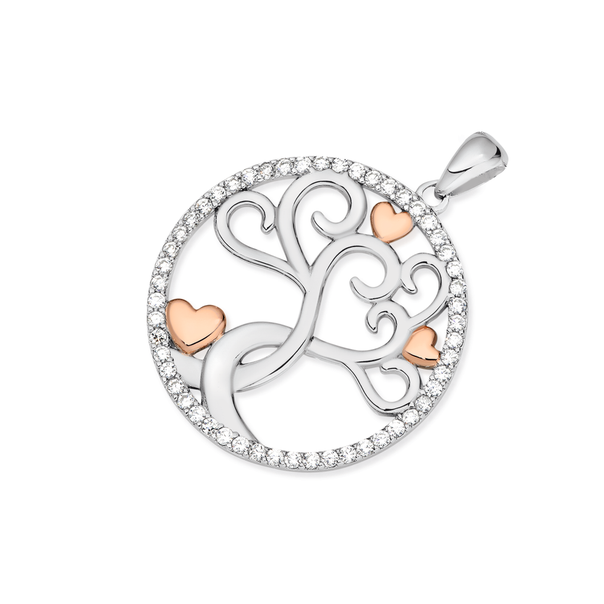 Silver & Rose Plated CZ Tree Of Life Pendant