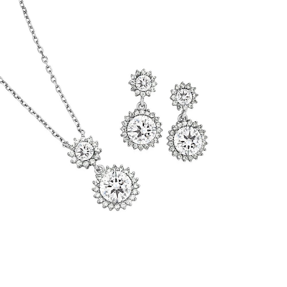 Silver Round Cubic Zirconia Cluster Pendant & Earrings Set | Angus