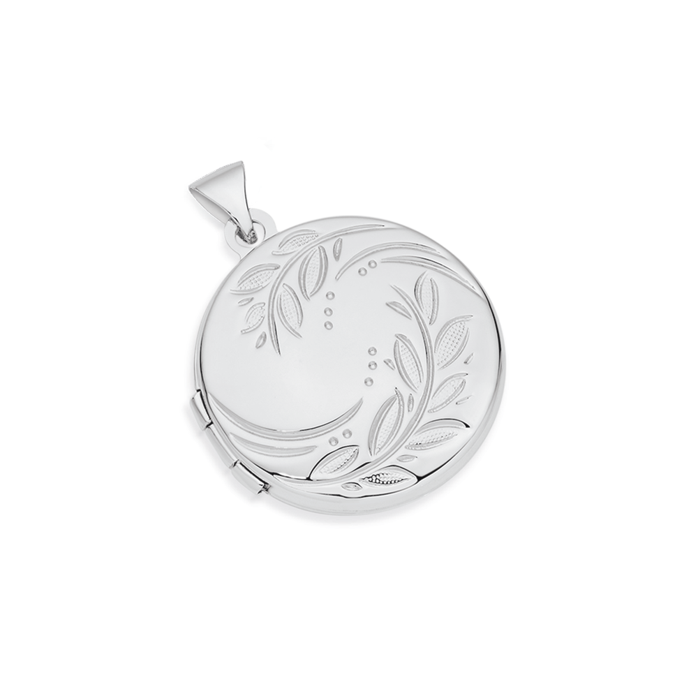 Silver Round Locket With Leaves Pattern 
