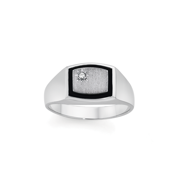 Silver Satin Signet With Black Border CZ Ring