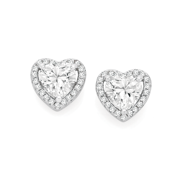 Silver Small CZ Heart Cluster Stud Earrings