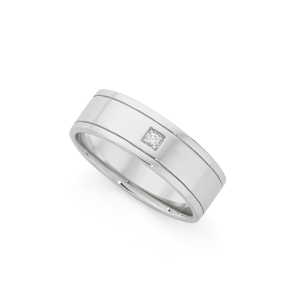 Silver Square CZ In Lined Polished Band Ring