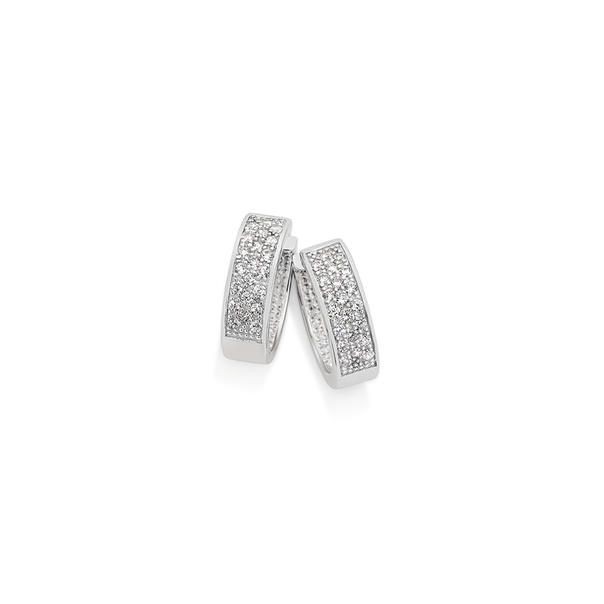 Silver Square Edge Pave CZ Huggie Earrings
