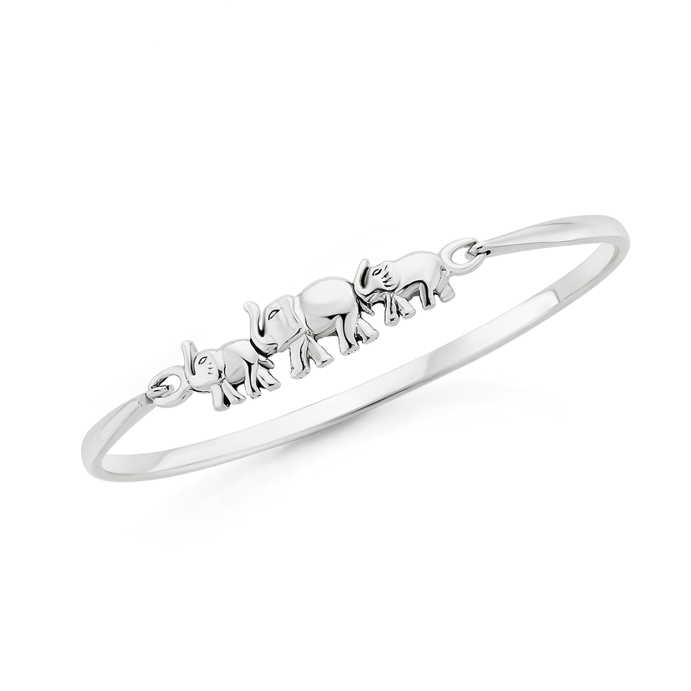 Silver Three Elephant Oval Bangle 