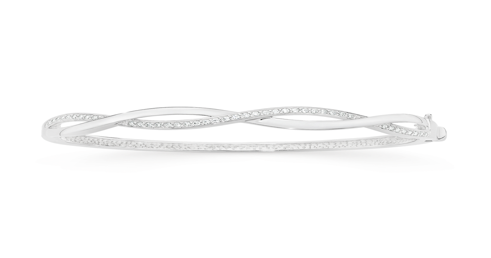 Sterling Silver Cz 65mm Loop Hinge Bangle in Clear | Angus & Coote