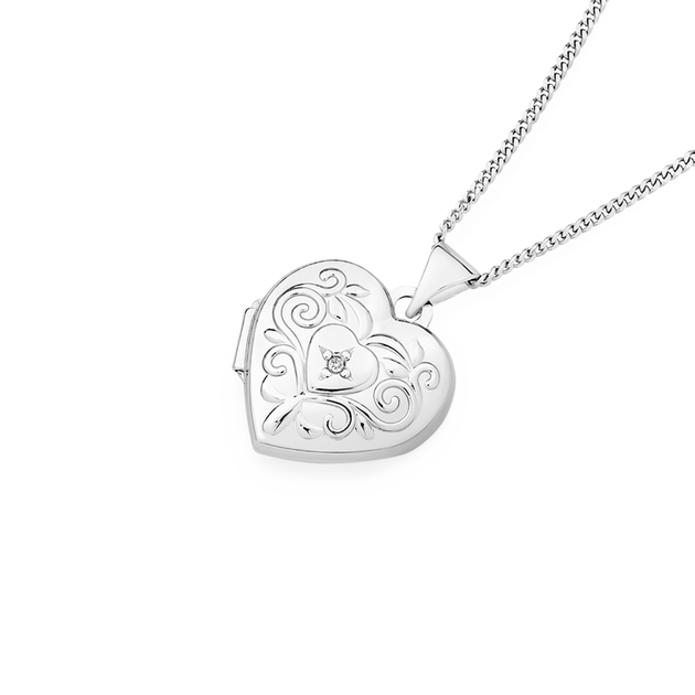 Angus Locket Sterling Silver Cz Fancy Scroll Heart Locket in Clear | Angus & Coote