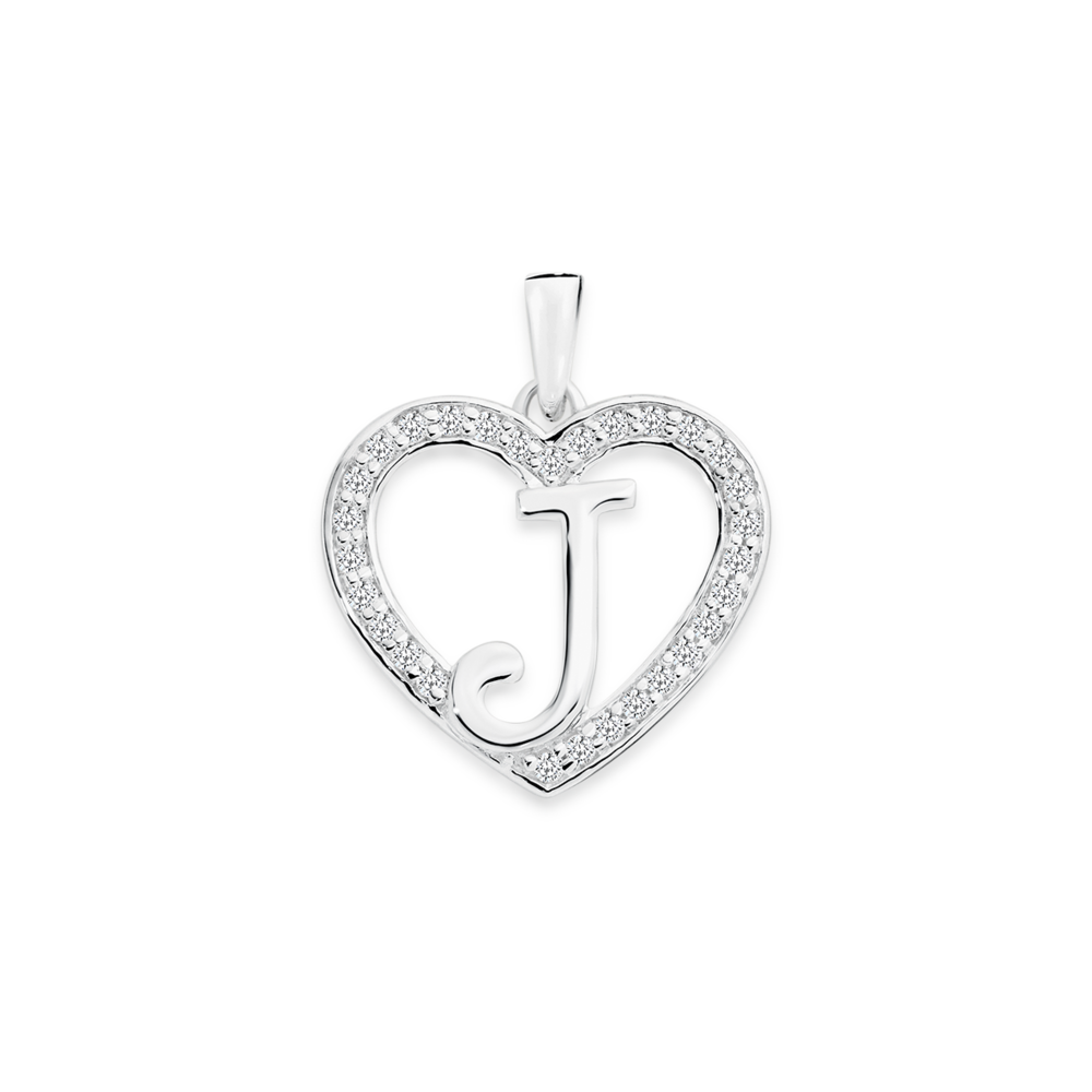 Sterling Silver Cz 'j' In Heart Initial Pendant in Clear Angus