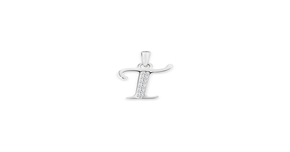 Sterling Silver Cz 't' Script Initial Pendant in Clear | Angus & Coote